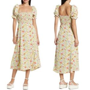 ASTR The Label Floral Smocked Puff Sleeve Midi Dress Green Coral